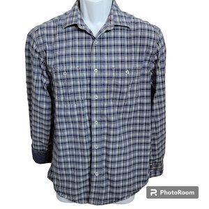 Italia Button Front Shirt, Men Med, Blue & White Check Print, Flip Cuffs, EUC
